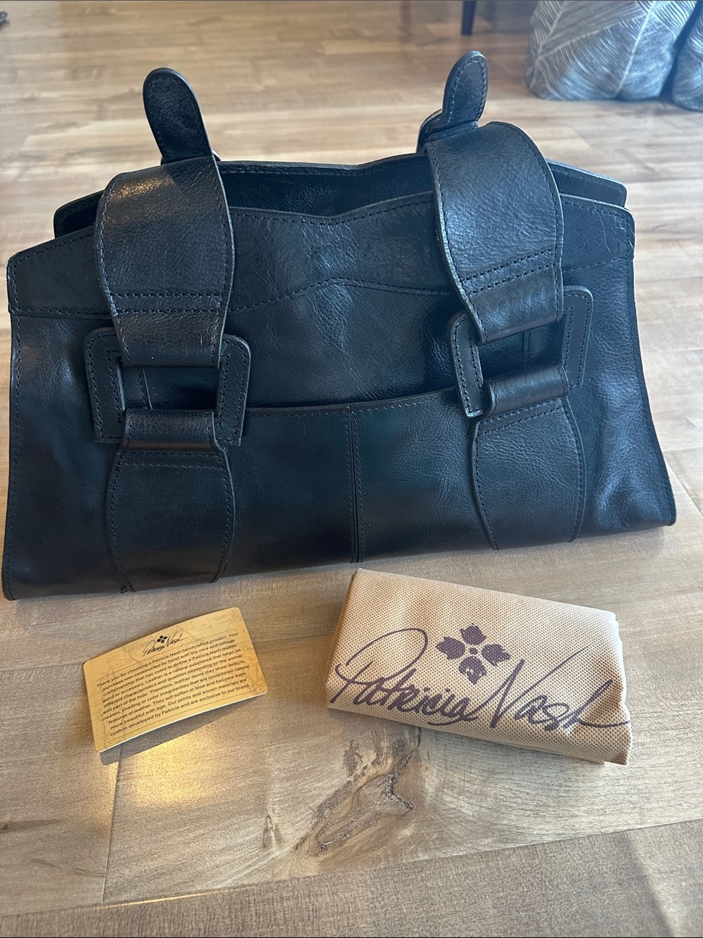 Patricia Nash Black Leather Buckle Satchel
